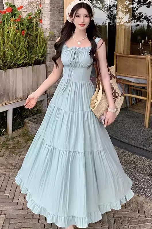 法式甜美風簡約設計感無袖吊帶連衣裙森系少女風百搭顯瘦A字長裙
