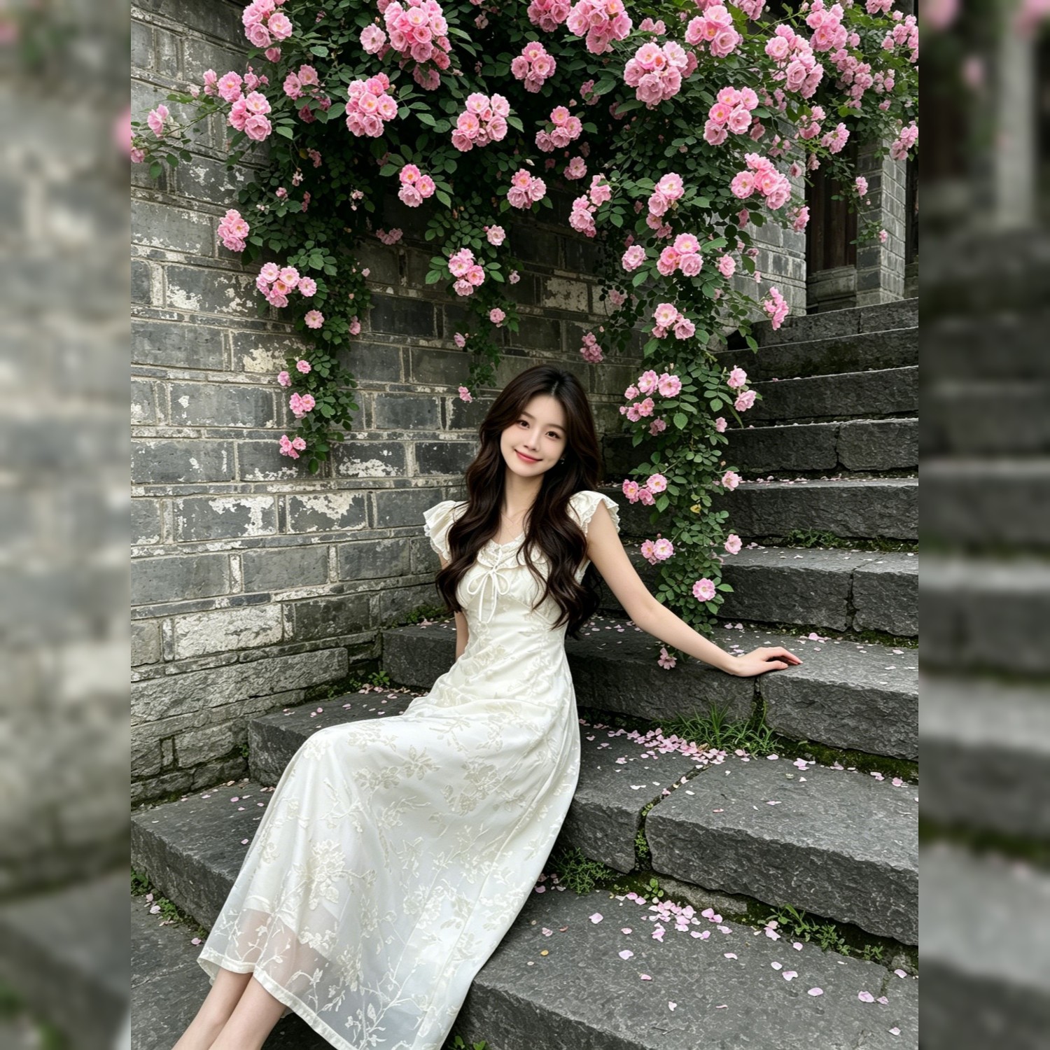 2026夏季新款森系溫柔風V領連衣裙女肌理感蕾絲花邊系帶中長裙子
