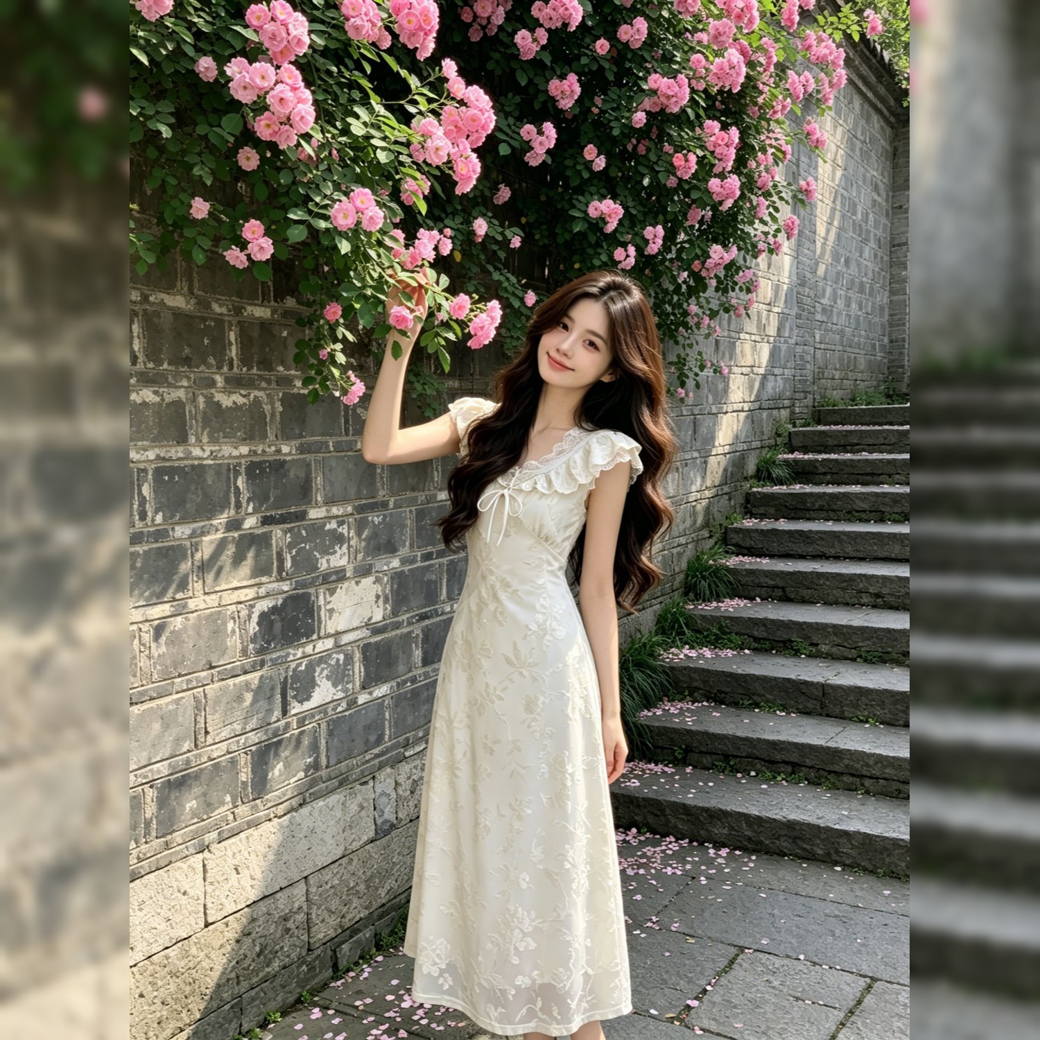 2026夏季新款森系溫柔風V領連衣裙女肌理感蕾絲花邊系帶中長裙子