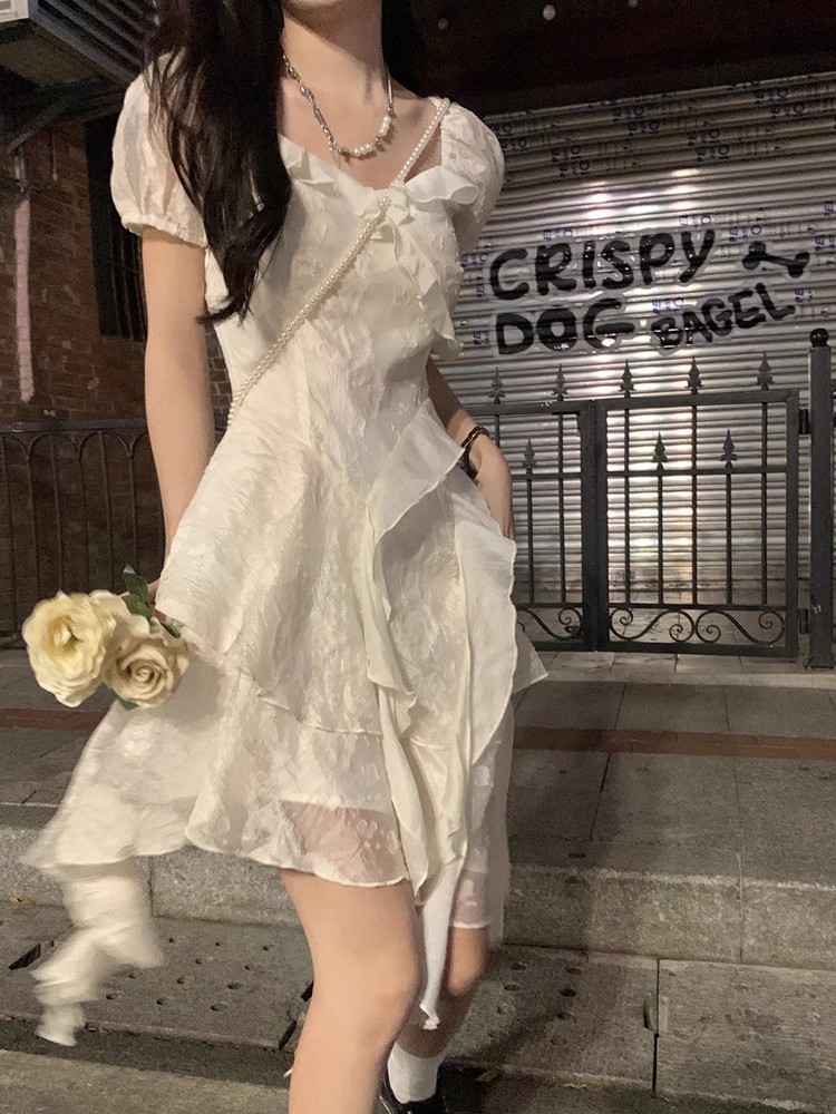 2026新款法式初戀不規則白色公主生日禮服連衣裙女夏季絕美小個子