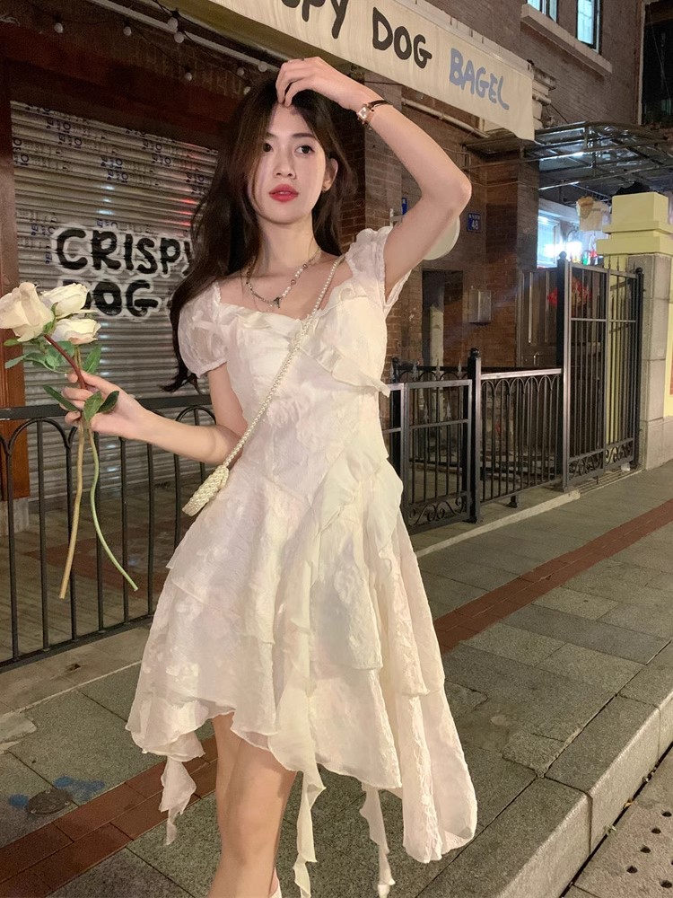 2026新款法式初戀不規則白色公主生日禮服連衣裙女夏季絕美小個子