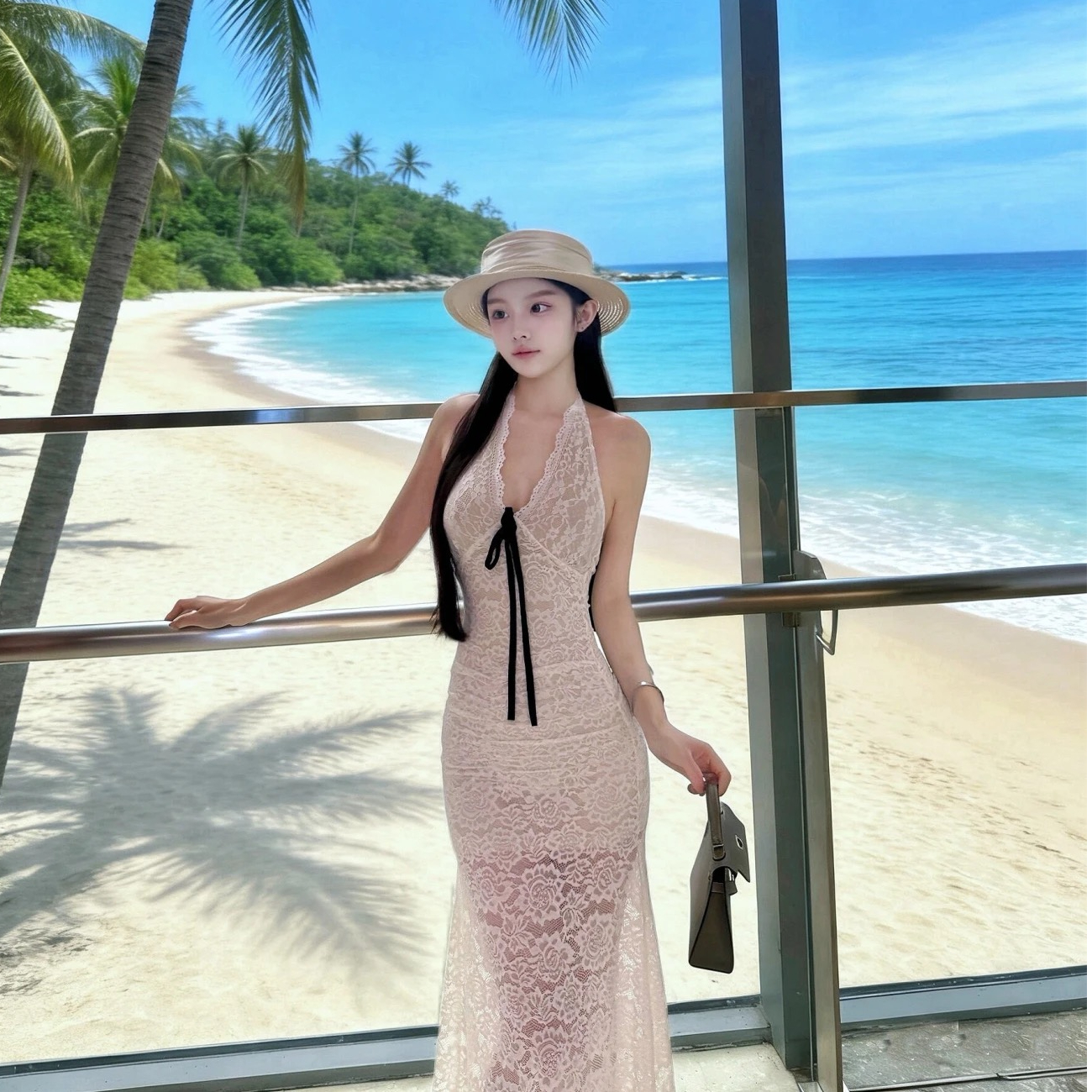 氣質溫柔風掛脖露背長裙子修身蕾絲女夏季新款性感純欲收腰連衣裙