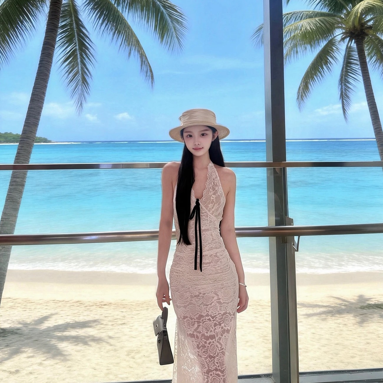 氣質溫柔風掛脖露背長裙子修身蕾絲女夏季新款性感純欲收腰連衣裙