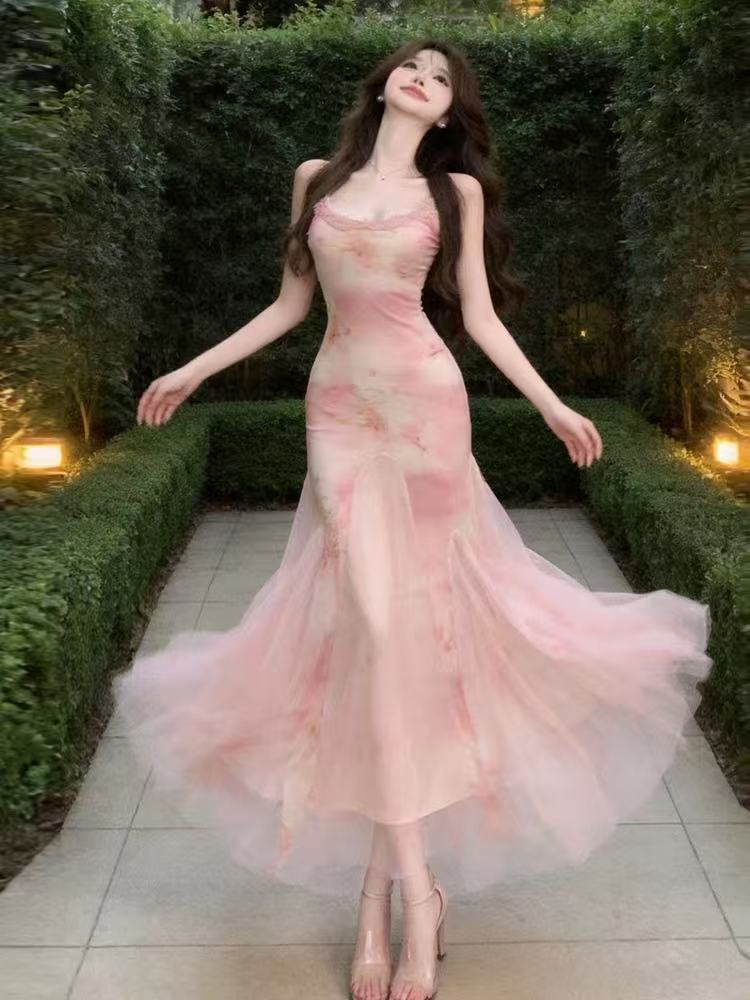 甜美純欲風氣質蕾絲印花網紗包臀魚尾長裙性感低胸收腰吊帶連衣裙