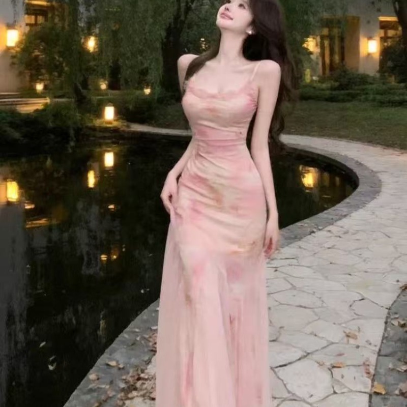 甜美純欲風氣質蕾絲印花網紗包臀魚尾長裙性感低胸收腰吊帶連衣裙