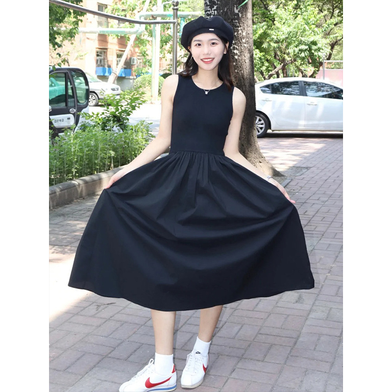 黑色連衣裙女夏天赫本風高級感氣質長款無袖修身顯瘦遮肉長裙子