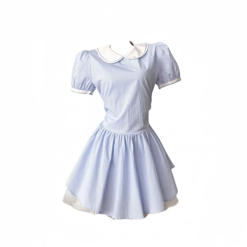 學院風娃娃領藍色條紋短袖襯衫連衣裙子女夏季小個子收腰蓬蓬短裙