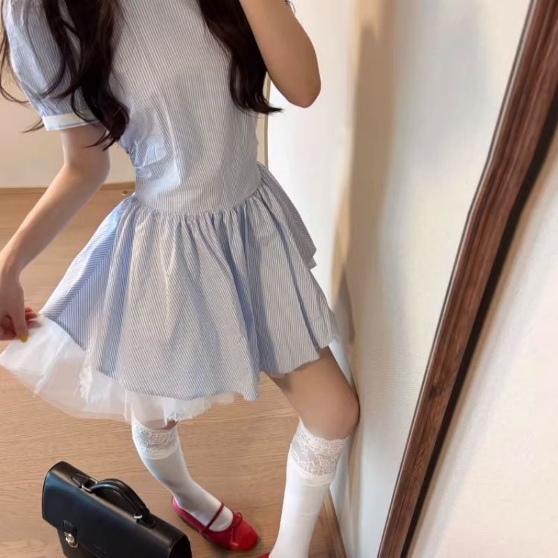 學院風娃娃領藍色條紋短袖襯衫連衣裙子女夏季小個子收腰蓬蓬短裙