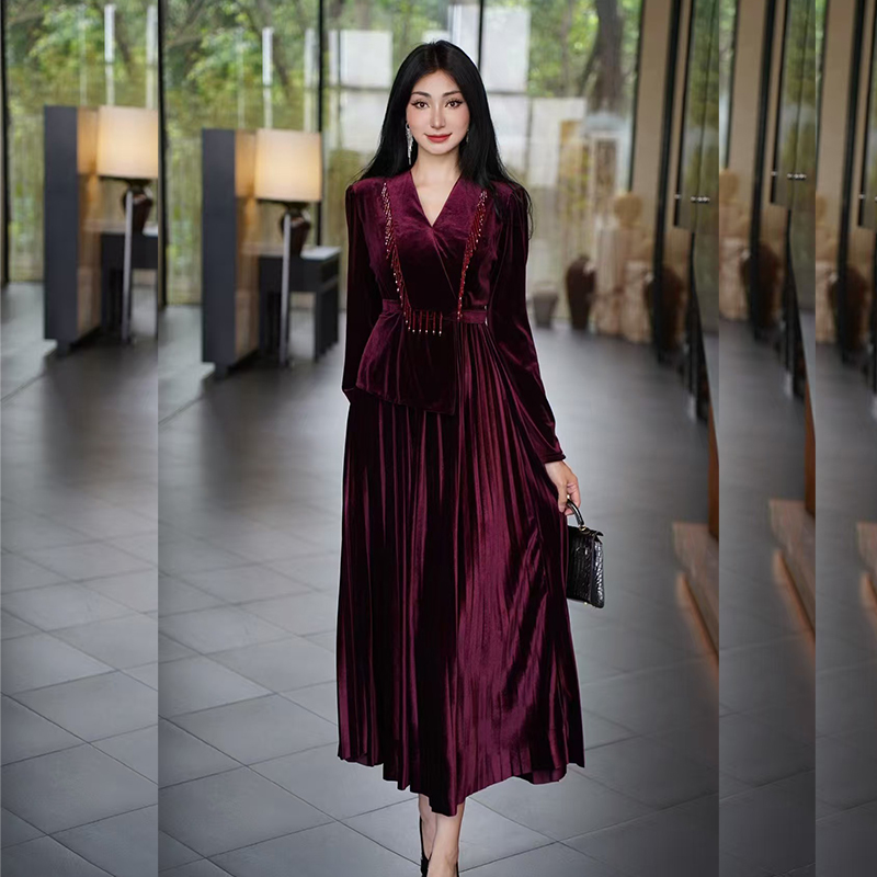 MY15125# 金丝绒连衣裙新款气质显瘦收腰裙子女法式高级感长裙女裝貨源服裝批發