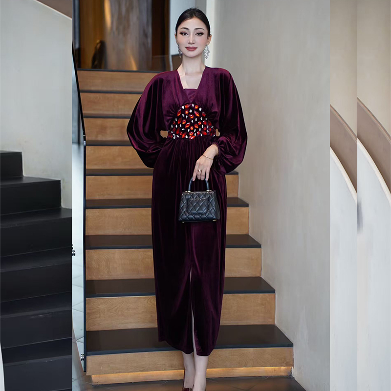 MY15120# 法式轻奢风重工彩钻V领收腰连衣裙高级感气质名媛开叉长裙女裝貨源服裝批發