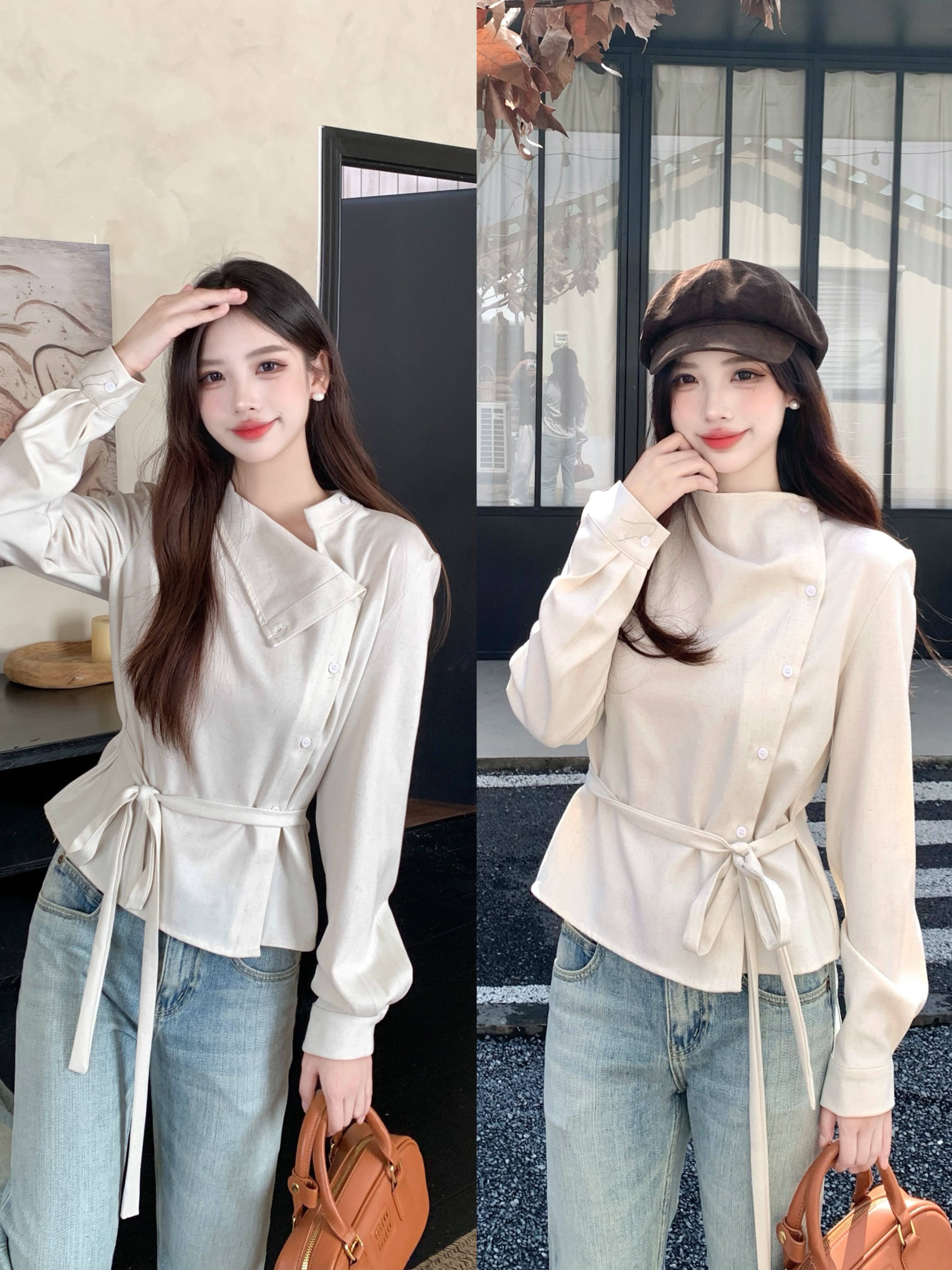 MY14768# 大码女装胖mm轻熟简约风不对称荡领衬衫系带收腰显瘦上衣女...