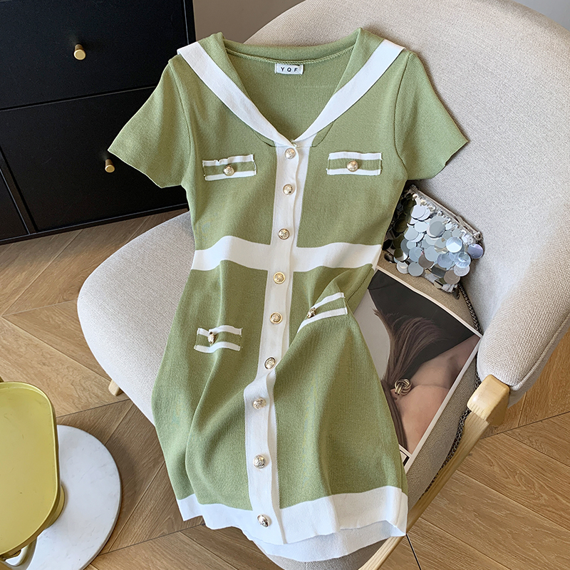 夏季新款小香风设计感连衣裙海军领针织裙短裙子女 服裝批發女裝批發服飾貨源