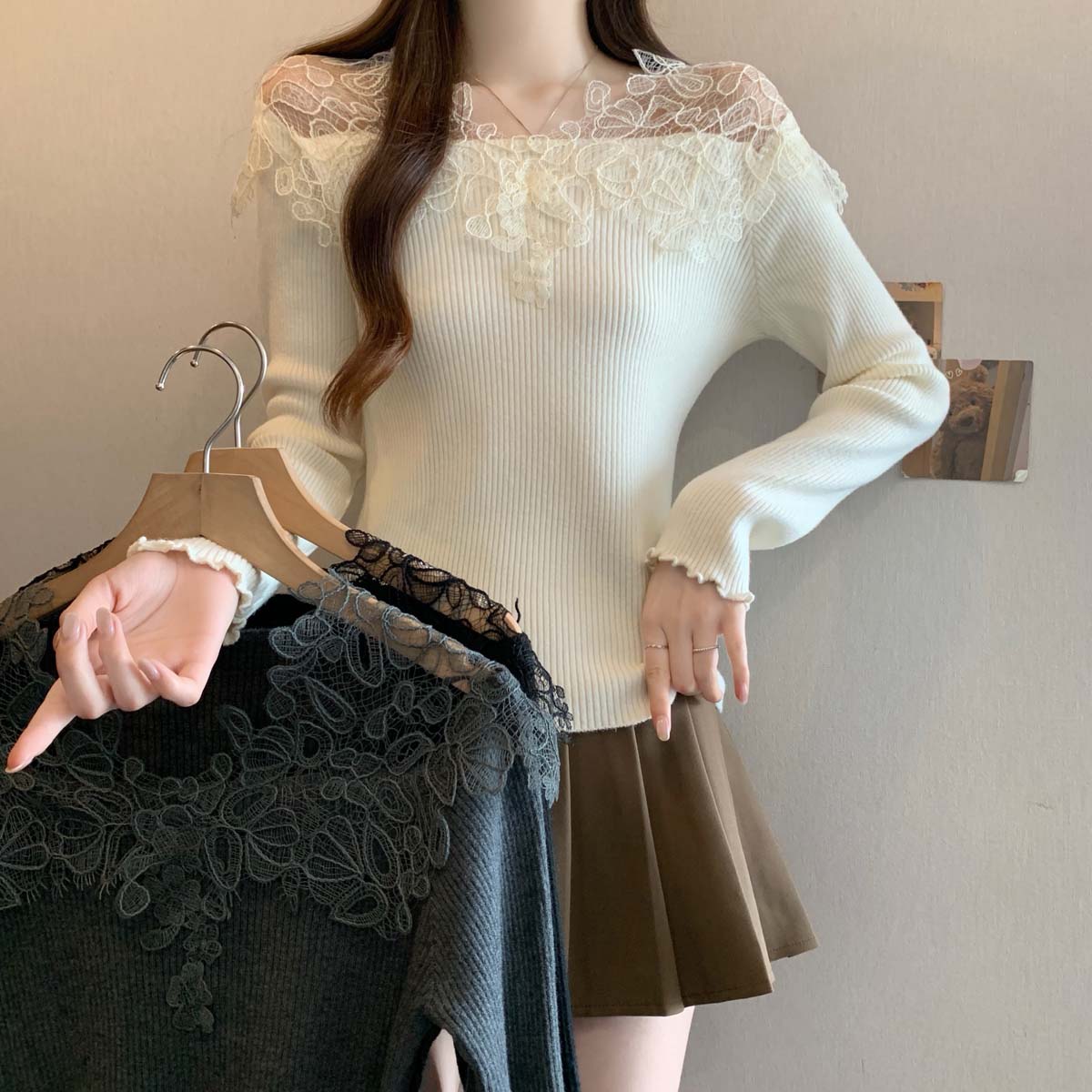 MY15820# 新款漏肩蕾丝拼接洋气针织衫女大码百搭显瘦单上衣女裝貨源服...