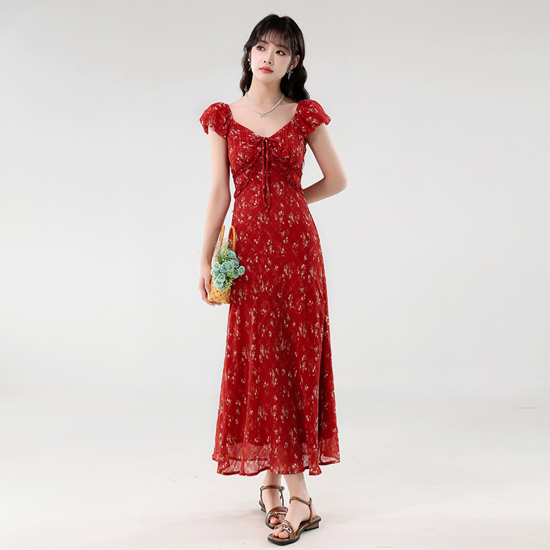 MY9663# 夏新款法式木耳边V领系带修身显瘦长款小碎花连衣裙女裝貨源服裝批發