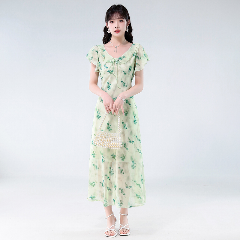 MY9667# 夏新款绿色清新碎花连衣裙收腰显瘦气质长裙女裝貨源服裝批發