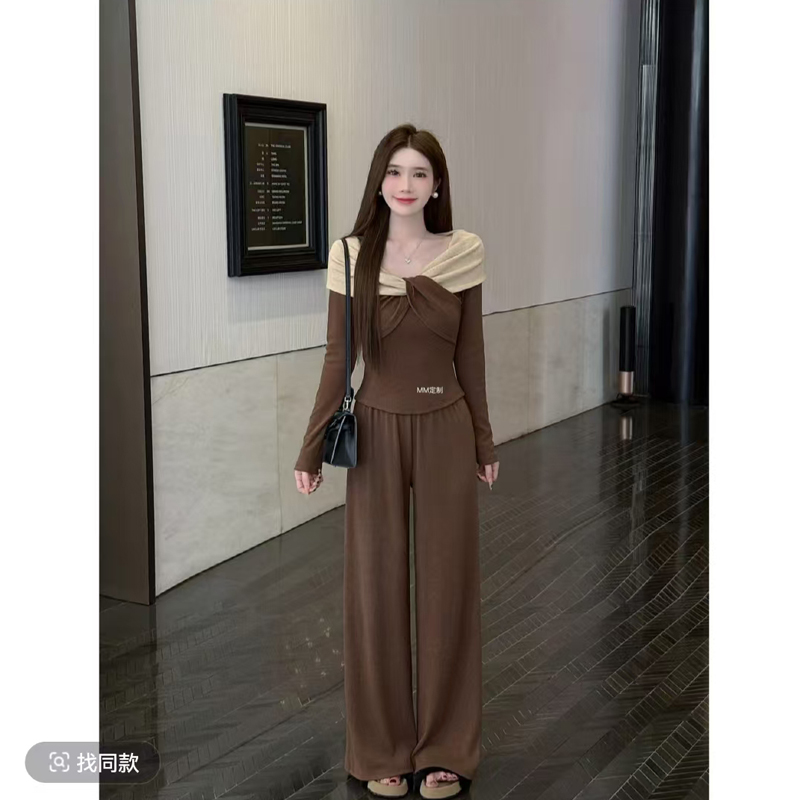 MY14758# 古早女主可可糖果设计感扭结撞色V领上衣直筒百搭裤两件套女...