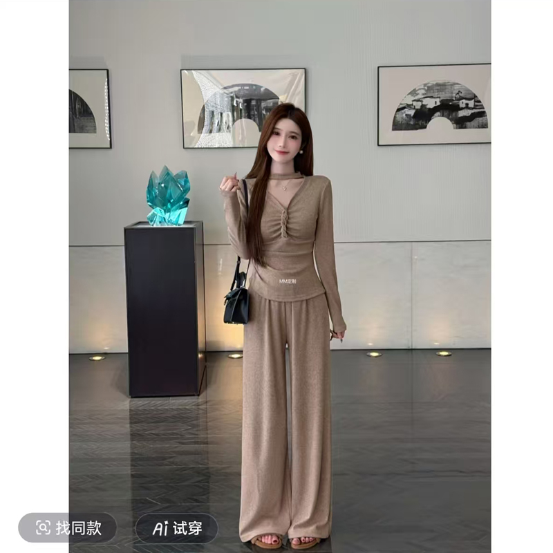 MY14759# 南意情书随性休闲V领不规则扭结上衣高腰松紧直筒长裤套装女...