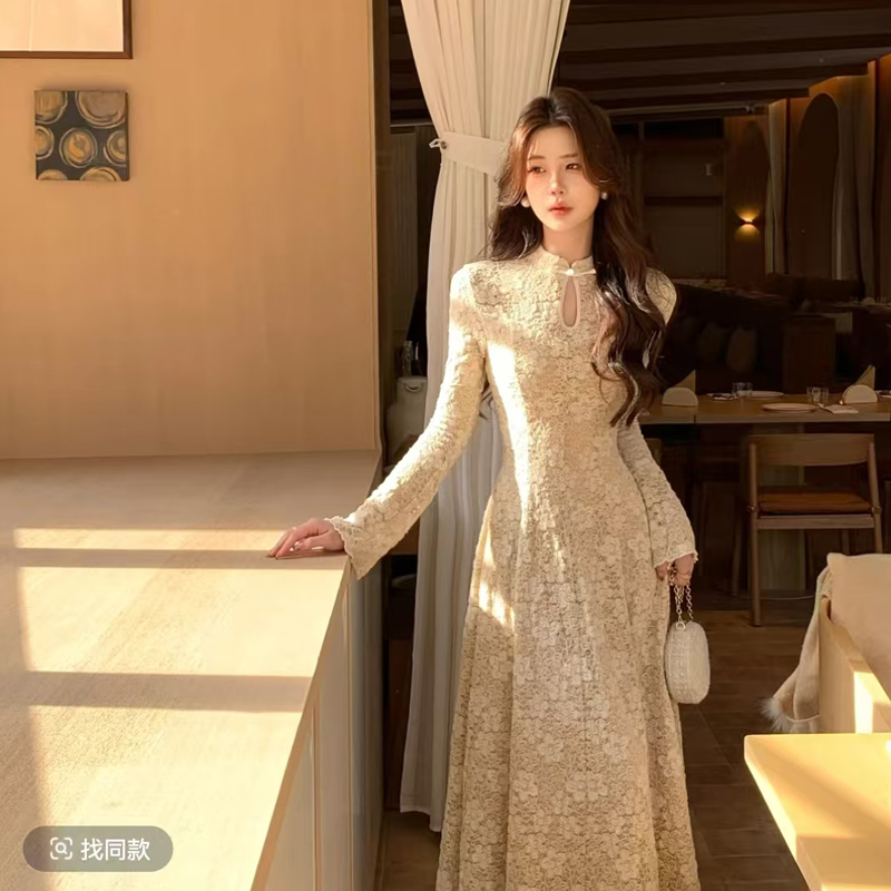 MY14757# 木子李的李缕香国韵新中式立领盘扣蕾丝连衣裙收腰大摆内衬加绒女裝貨源服裝批發