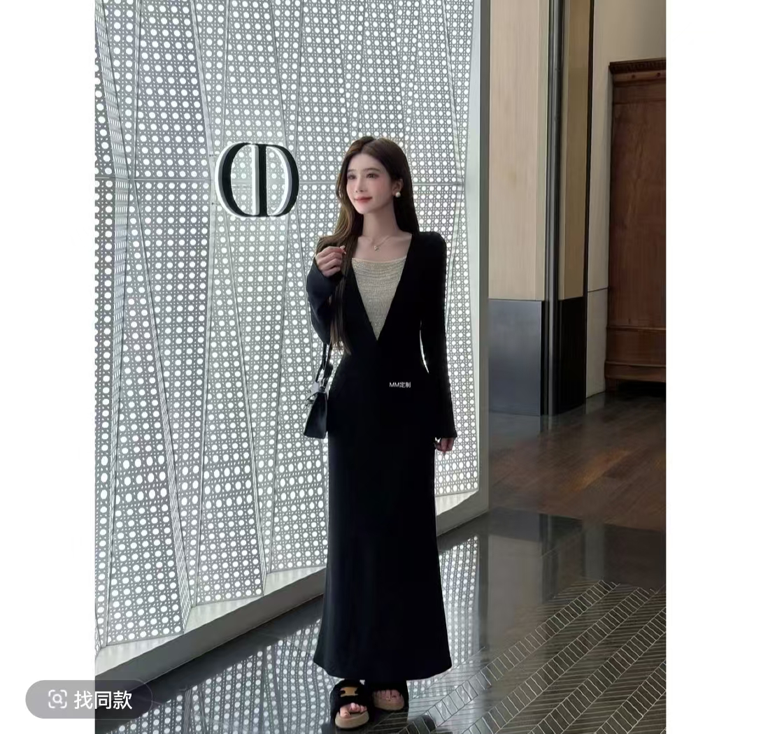 MY14754# 人生限定月夜巴黎设计感深V领重工珠链拼接打褶显瘦连衣裙女裝貨源服裝批發