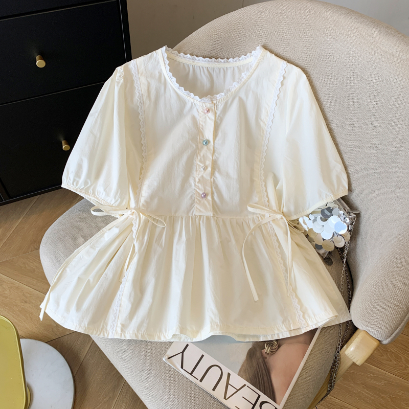 實拍 法式溫柔泡泡袖襯衫女夏季花邊拼接短袖小個子短款上衣