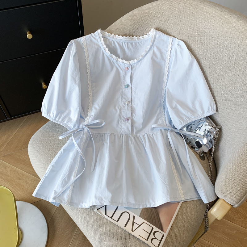 實拍 法式溫柔泡泡袖襯衫女夏季花邊拼接短袖小個子短款上衣