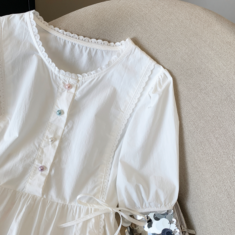 實拍 法式溫柔泡泡袖襯衫女夏季花邊拼接短袖小個子短款上衣