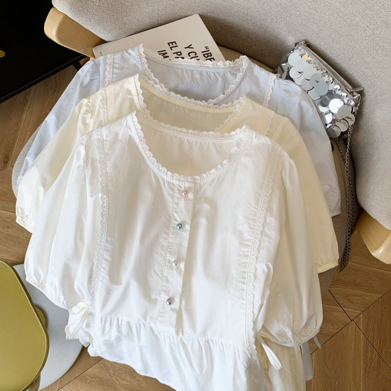 實拍 法式溫柔泡泡袖襯衫女夏季花邊拼接短袖小個子短款上衣
