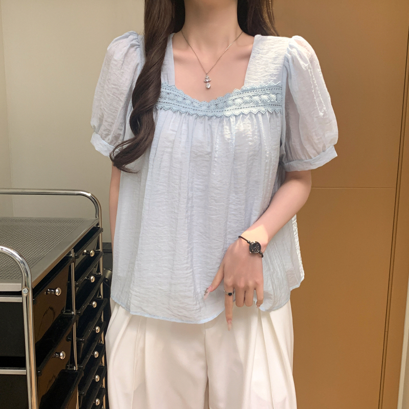 實拍 夏季新款洋氣新款蕾絲拼接方領雪紡短袖襯衫小衫女上衣