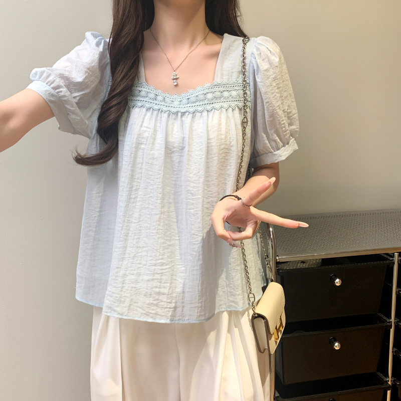 實拍 夏季新款洋氣新款蕾絲拼接方領雪紡短袖襯衫小衫女上衣