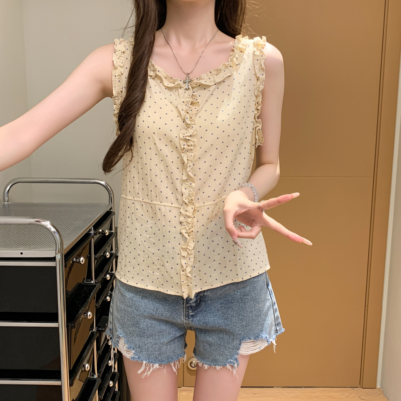 實拍 波點飛袖韓系花邊外貿ins風百搭圓領無袖開衫背心上衣女