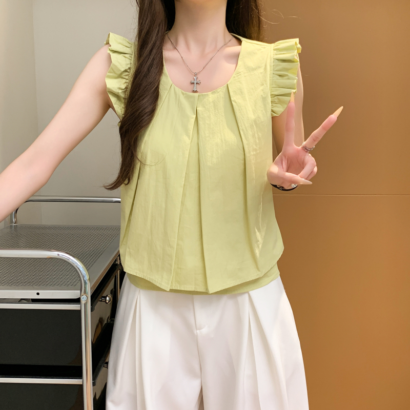 實拍小清新純色飛飛袖小衫女新款韓版設計感褶皺寬松無袖襯衫