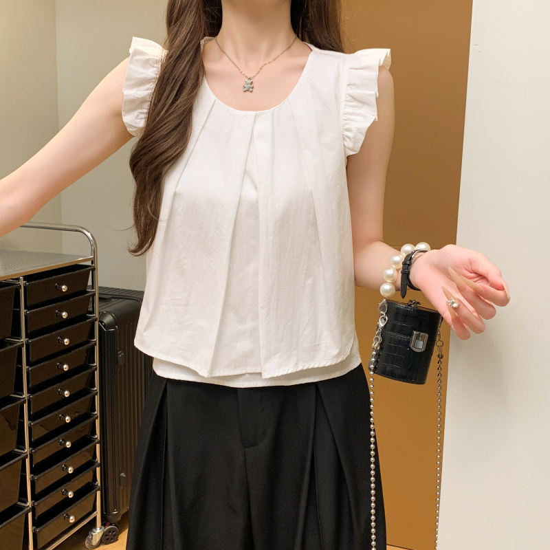 實拍小清新純色飛飛袖小衫女新款韓版設計感褶皺寬松無袖襯衫