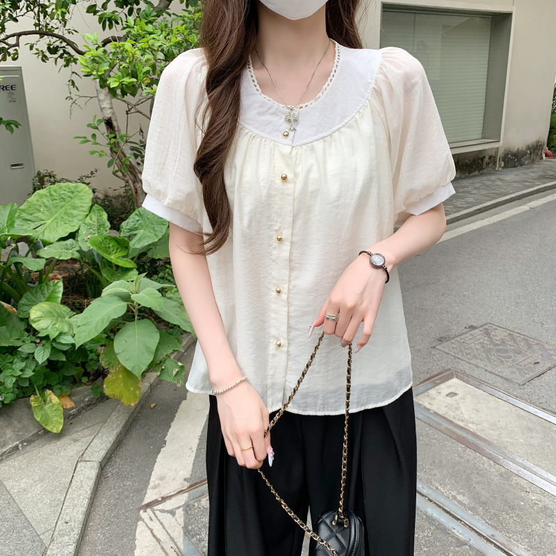 實拍夏季新款法式圓領拼接泡泡袖時尚寬松皺褶衫短袖襯衫上衣