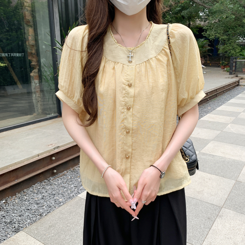 實拍夏季新款法式圓領拼接泡泡袖時尚寬松皺褶衫短袖襯衫上衣