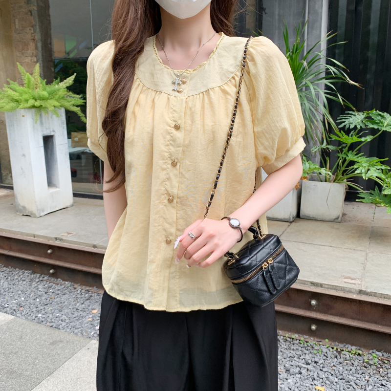 實拍夏季新款法式圓領拼接泡泡袖時尚寬松皺褶衫短袖襯衫上衣