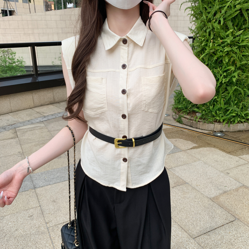 實拍 夏季新款韓版送腰帶百搭顯瘦單排扣氣質無袖襯衫上衣