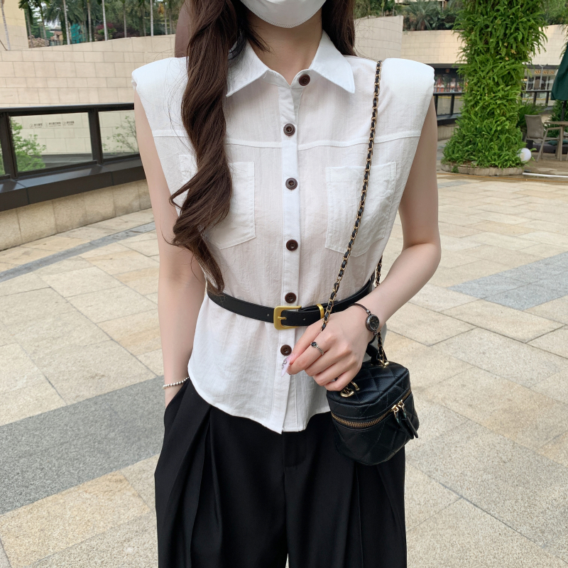 實拍 夏季新款韓版送腰帶百搭顯瘦單排扣氣質無袖襯衫上衣