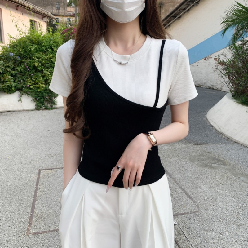 MY9083# 时尚百搭洋气设计感小众假两件拼接撞色短袖T恤女上衣女裝貨源服裝批發