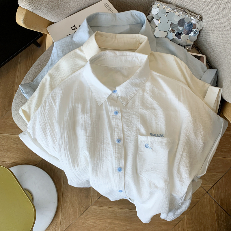 實拍 韓版寬松Polo領設計感短袖襯衫休閑刺繡短款撞色扣上衣