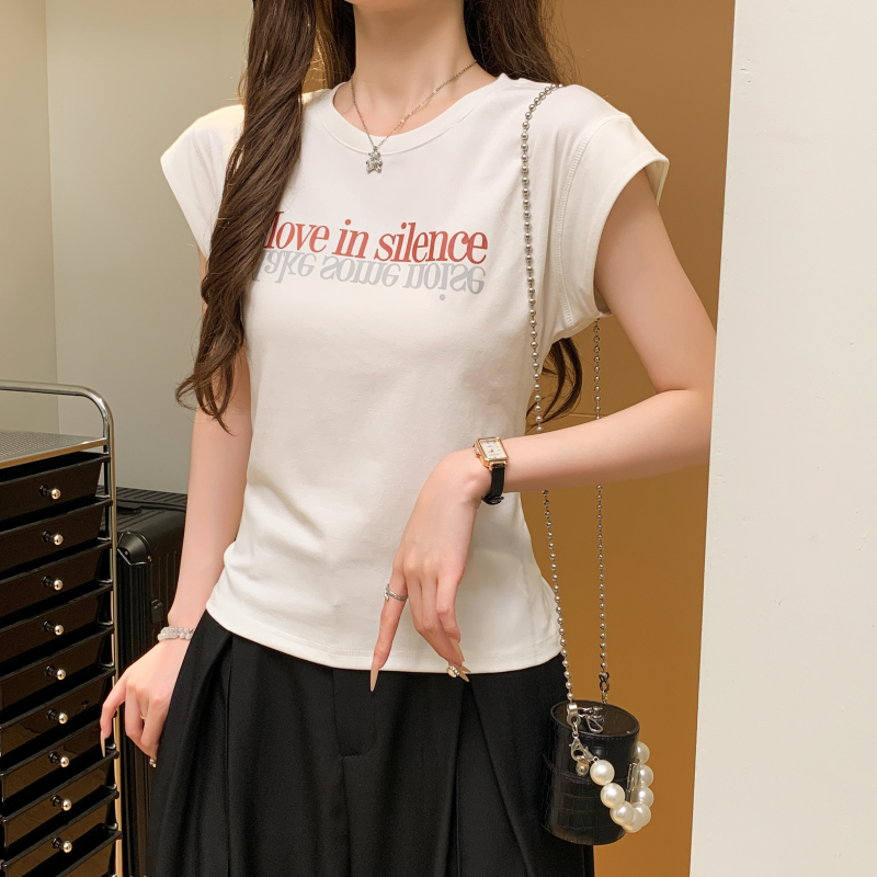 MY9081# 韩式圆领飞飞袖纯棉短袖T恤女夏字母印花设计感正肩上衣女裝貨源服裝批發