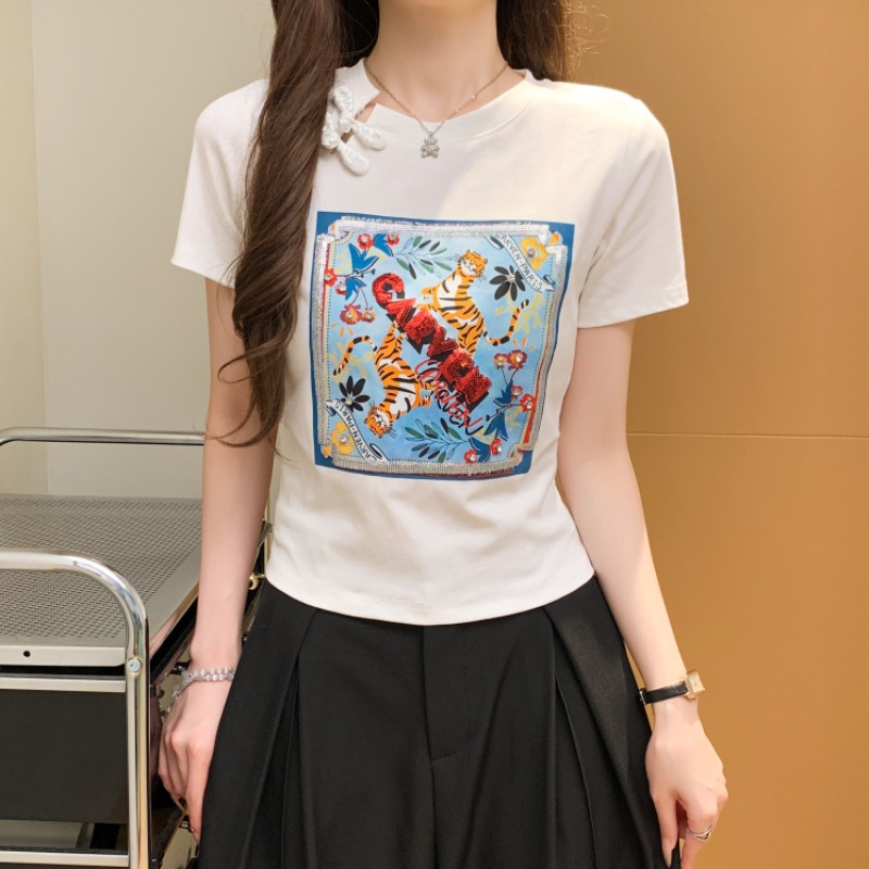MY9082# 国风中式短袖T恤夏季新款休闲时尚潮牌盘扣印花上衣女女裝貨源服裝批發