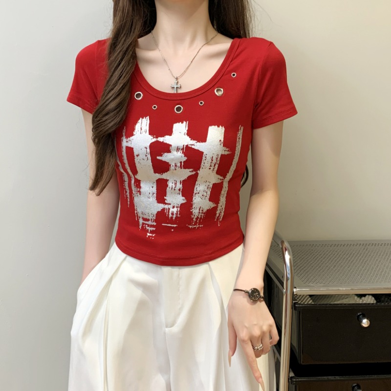MY9080# 美式辣妹设计感涂鸦手绘短款T恤女夏季新款修身短袖上衣女裝貨源服裝批發