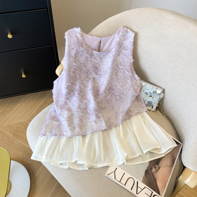 MY10278# 夏季假两件拼接镂空无袖上衣女设计感坎肩背心外穿衬衫女裝貨源服裝批發