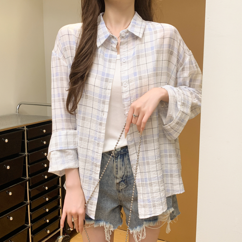 實拍韓系復古慵懶寬松襯衫女夏季百搭襯衣休閑防曬輕薄防曬衣