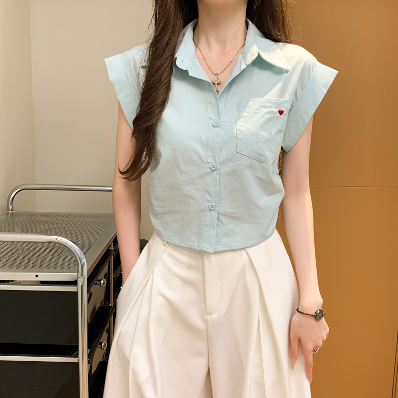 實拍 白色愛心刺繡正肩短袖襯衫女夏季法式襯衣休閑寬松上衣