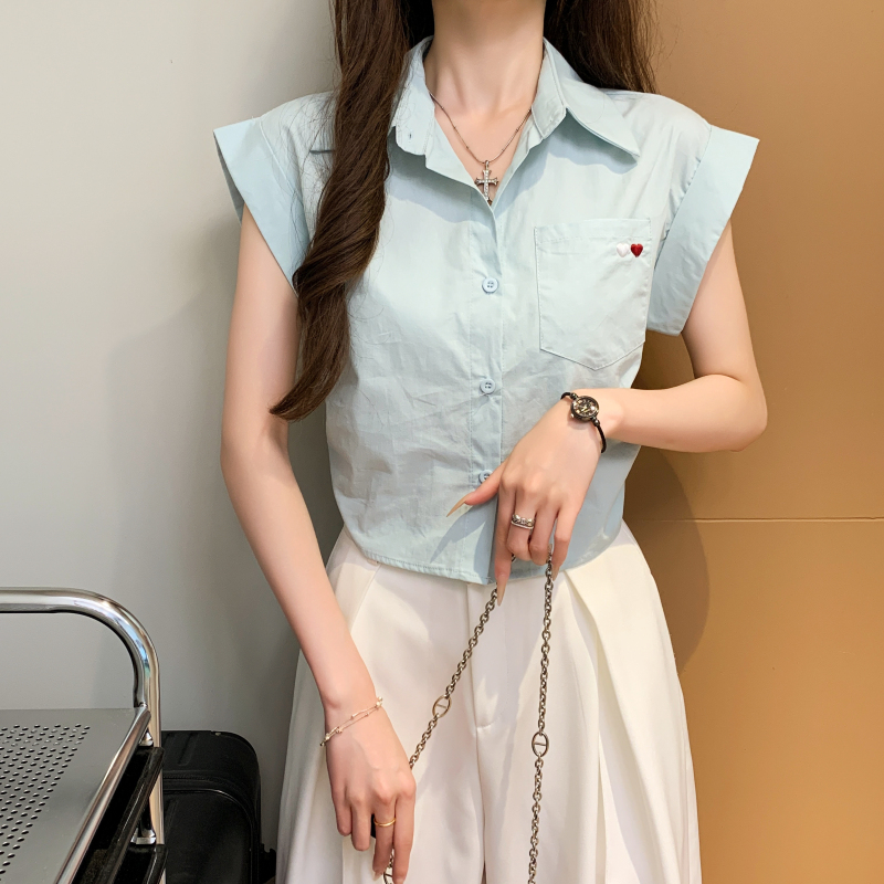 實拍 白色愛心刺繡正肩短袖襯衫女夏季法式襯衣休閑寬松上衣