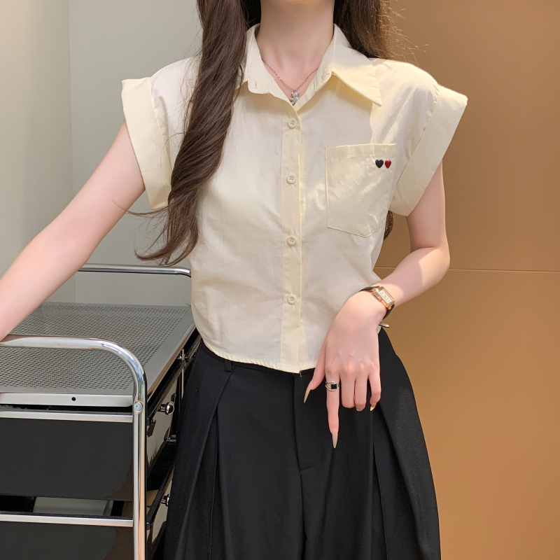實拍 白色愛心刺繡正肩短袖襯衫女夏季法式襯衣休閑寬松上衣