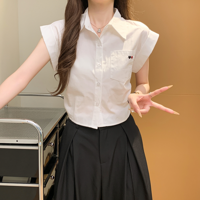 實拍 白色愛心刺繡正肩短袖襯衫女夏季法式襯衣休閑寬松上衣