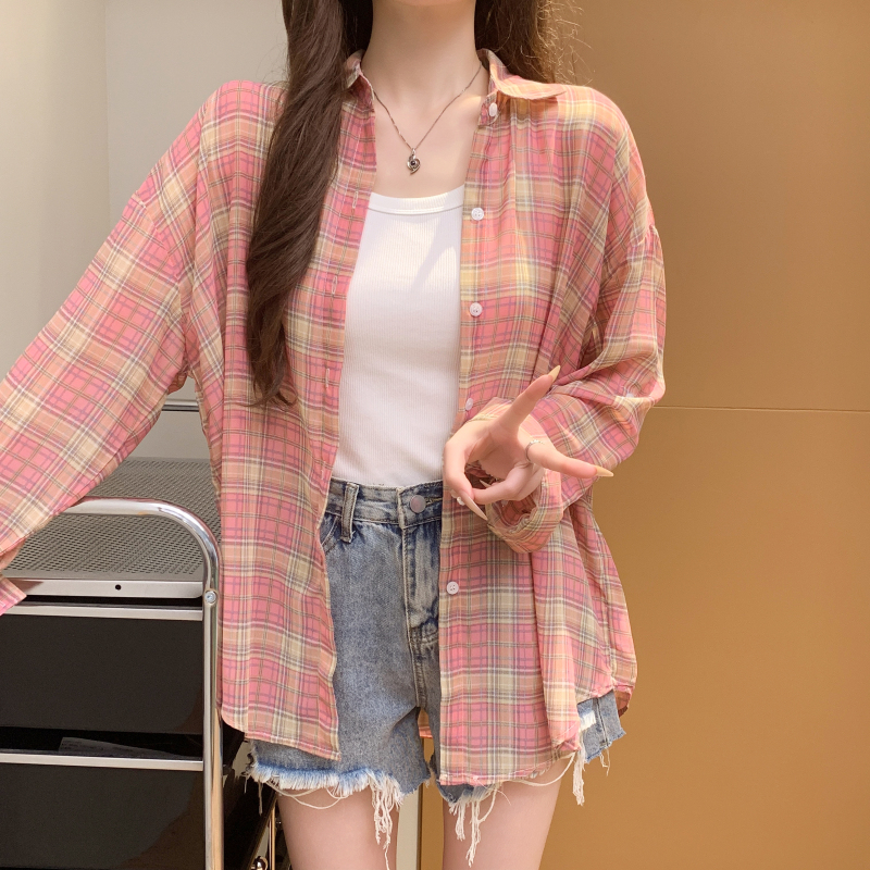 實拍 洋氣時尚百搭休閑薄款透氣長袖格子襯衫女防曬衫外套女