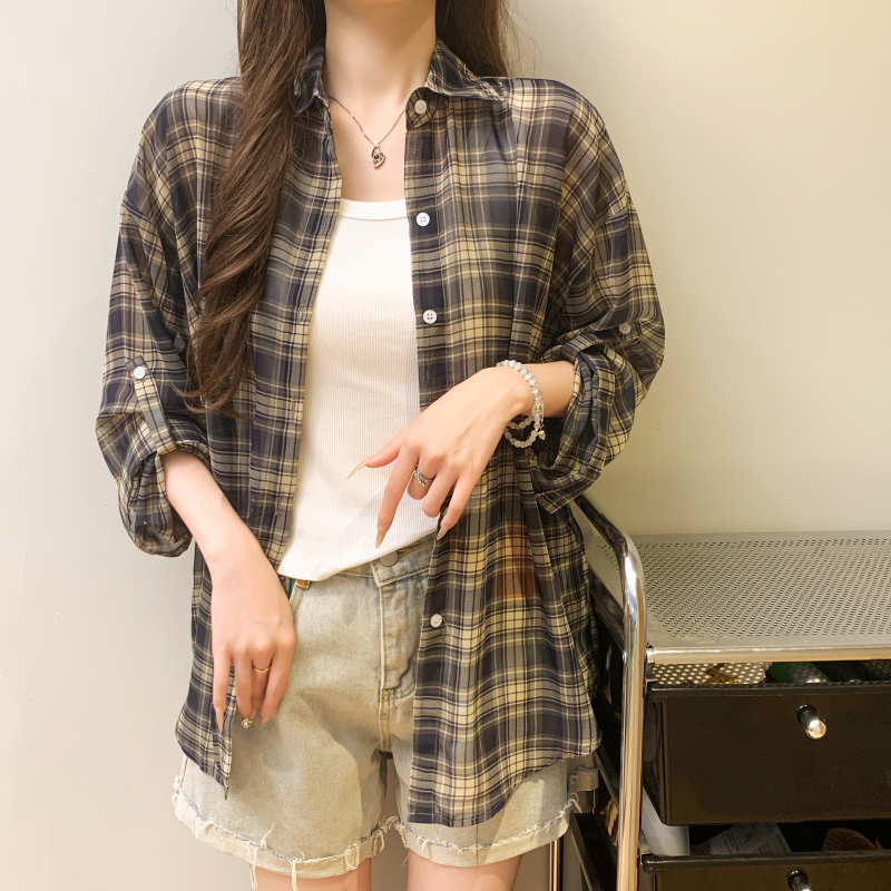 實拍 洋氣時尚百搭休閑薄款透氣長袖格子襯衫女防曬衫外套女